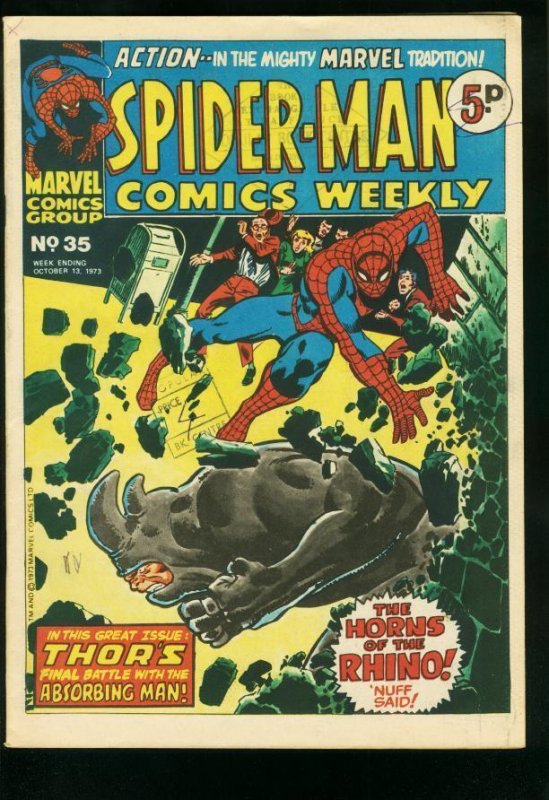 Spider-Man Comics Weekly #35 (Marvel Comics), raw comic book in FN condition — front cover