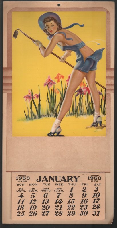 MAG: Pin-Up Girl Calendar-1/1953-unused-7 X 14-Yellow Elvgren Print-VF, raw comic book in VF condition — front cover