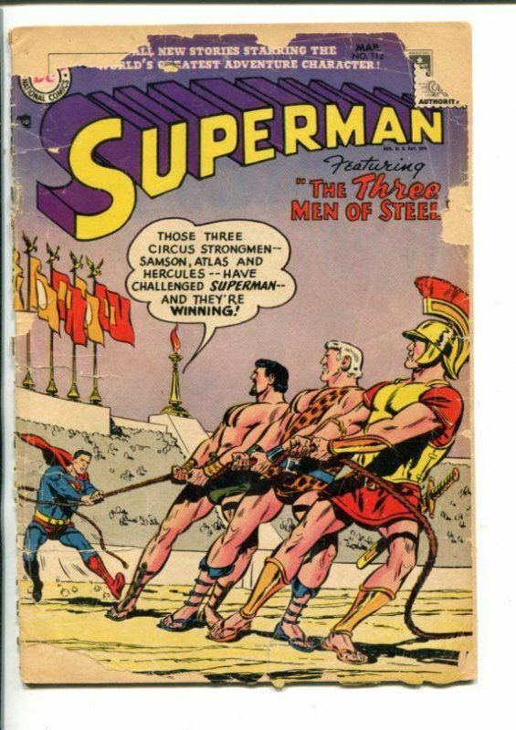 Superman -#112-1957-DC-HERCULES-ATLAS-SAMSON-pr/fr (DC Comics, 1957), raw, ungraded comic book — front cover