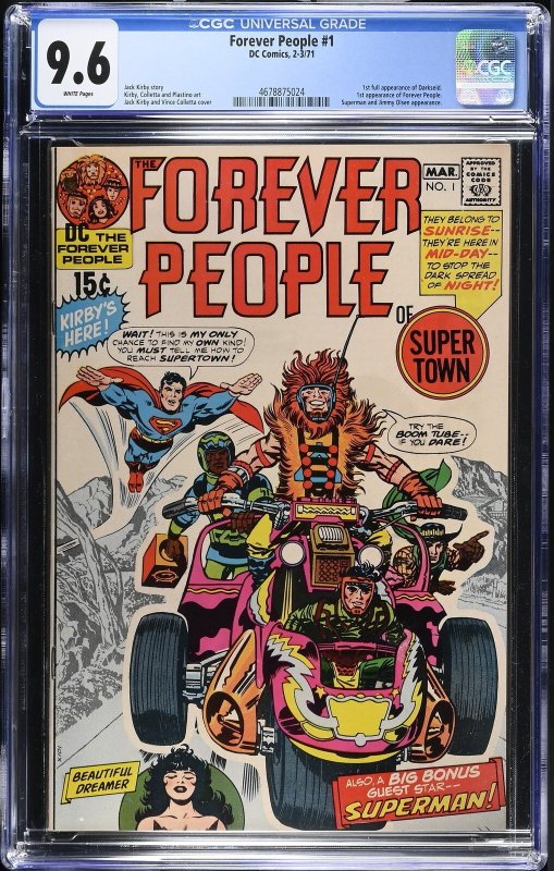 Forever People #1 (DC Comics, 1971), CGC 9.6 graded comic book, Universal Blue label — front cover in its holder
