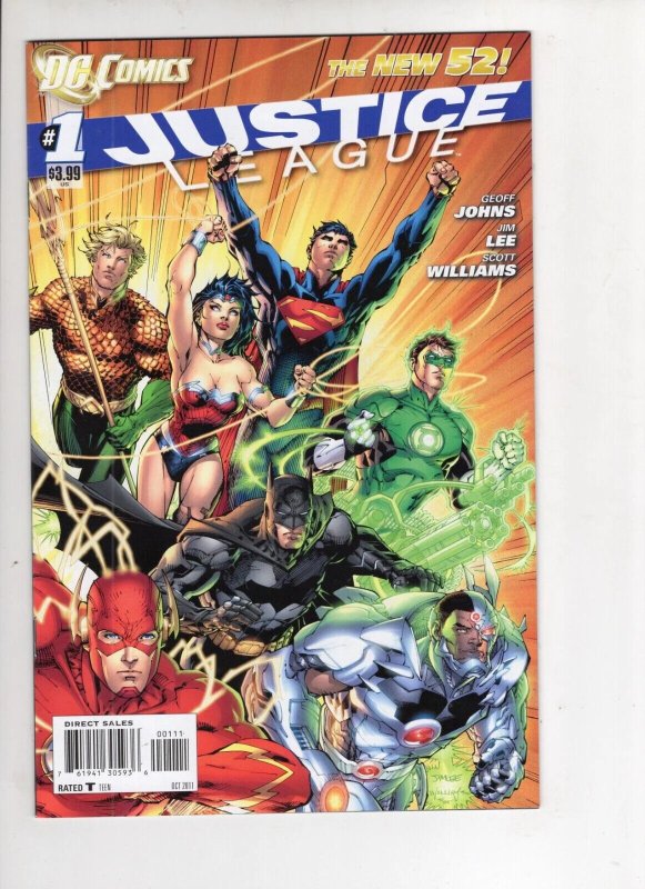 Justice League #1 (DC Comics, 2011), raw comic book in NM 9.4 condition — front cover