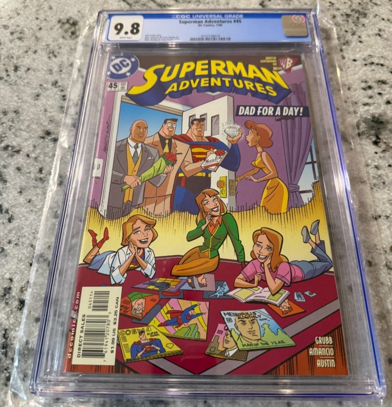 Superman Adventures #45 (DC Comics), CGC 9.8 graded comic book, Universal Blue label — front cover in its holder