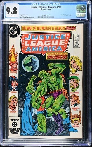 Justice League of America #230 (DC Comics, 1984), CGC 9.8 graded comic book, Universal Blue label — front cover in its holder