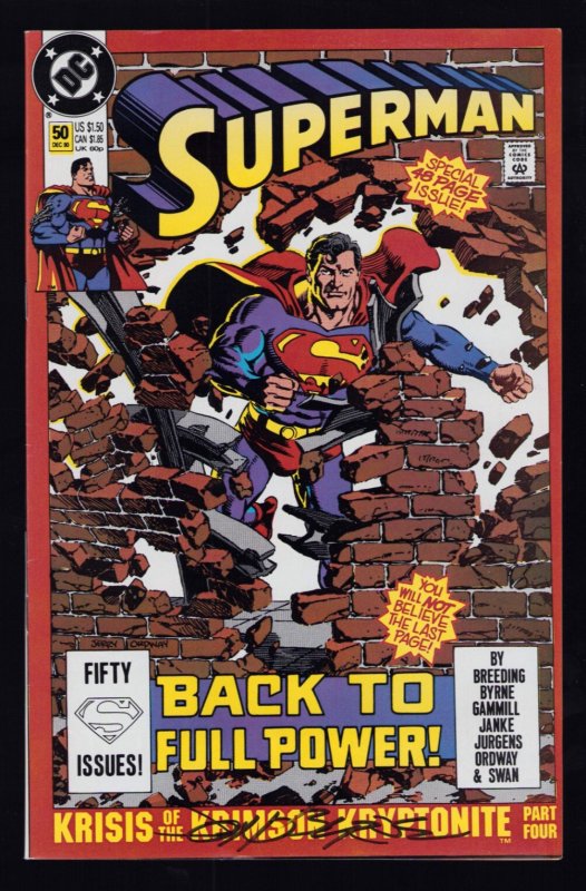 Superman #50 (DC Comics, 1990), raw comic book in 9.2 condition — front cover