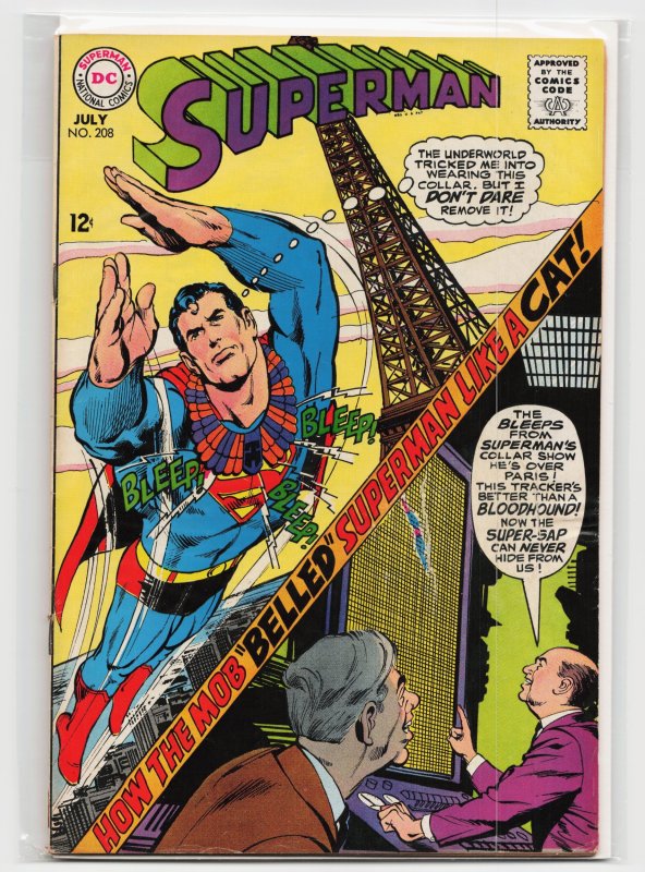 Superman #208 (DC Comics, 1968), raw, ungraded comic book — front cover