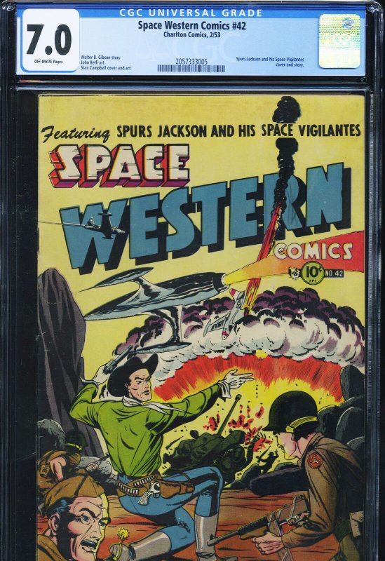 Space Western Comics #42 (Charlton Comics), CGC 7.0 graded comic book, Universal Blue label — front cover in its holder