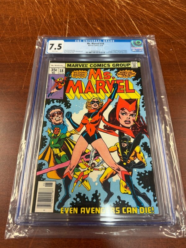 Ms. Marvel #18 (Marvel Comics, 1978), CGC 7.5 graded comic book, Universal Blue label — front cover in its holder