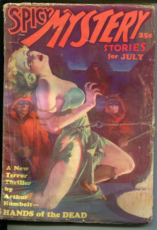 Spicy Mystery 7/1935-Trojan-hooded Menace-bondage-lurid Pulp Thrills-rare-G- (Trojan Publishing, 1935), raw, ungraded comic book — front cover