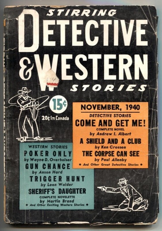 Pulp: Stirring Detective and Western Stories Pulp #1 (1940), raw comic book in VG condition — front cover