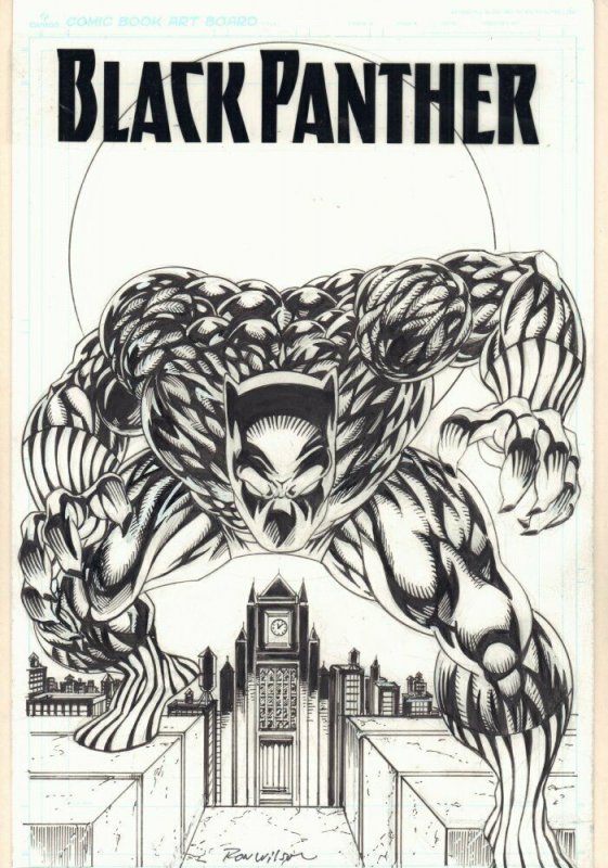 Black Panther on Rooftop with Clock Tower Cover-esque Commission by Ron Wilson, raw, ungraded comic book — front cover