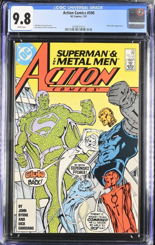 Action Comics #590 (DC Comics, 1987), CGC 9.8 graded comic book, Universal Blue label — front cover in its holder