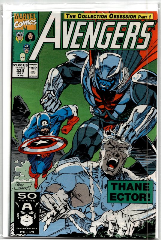 The Avengers #334 (Marvel Comics, 1991), raw, ungraded comic book — front cover