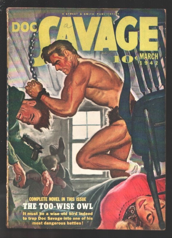 Doc Savage 3/1942-"The Too Wise Owl" by Kenneth Robeson-Emery Clarke Cover Art-D, raw, ungraded comic book — front cover