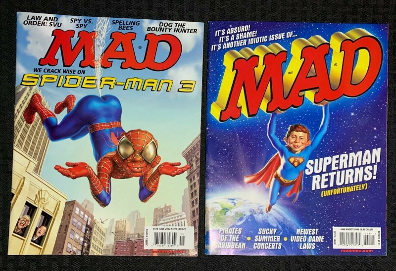 2006 2007 MAD Magazine #468 & 478 Fvf/fn+ Spider-Man 3 / Superman LOT of 2, raw comic book in FN+ condition — front cover