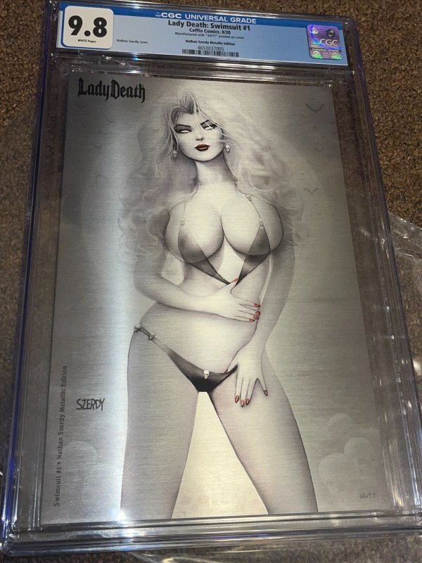 Lady Death Swimsuit #1, CGC 9.8 graded comic book, Universal Blue label — front cover in its holder