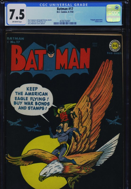 Batman #17 (DC Comics), CGC 7.5 graded comic book, Universal Blue label — front cover in its holder