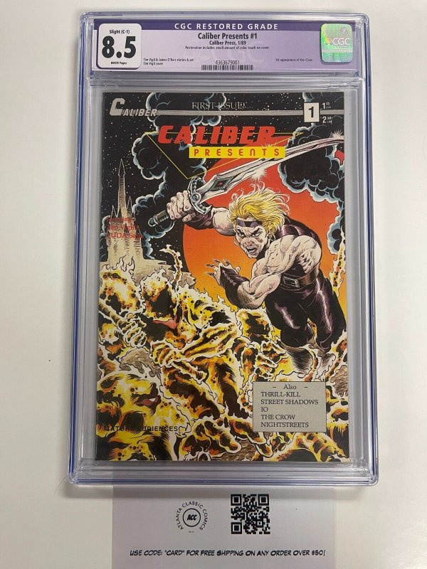 Caliber Presents #1, CGC 8.5 graded comic book, Universal Blue label — front cover in its holder