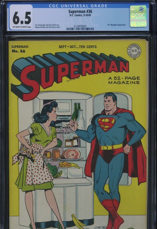 Superman #36 (DC Comics), CGC 6.5 graded comic book, Universal Blue label — front cover in its holder