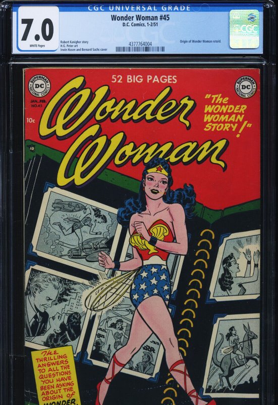 Wonder Woman #45 (DC Comics, 1990), CGC 7.0 graded comic book, Universal Blue label — front cover in its holder