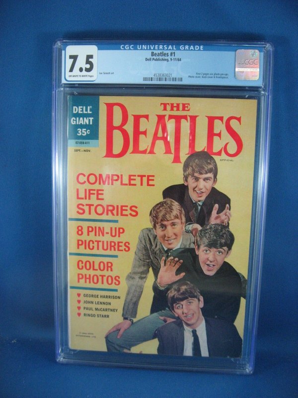 Beatles #1 (Dell, 1964), CGC 7.5 graded comic book, Universal Blue label — front cover in its holder