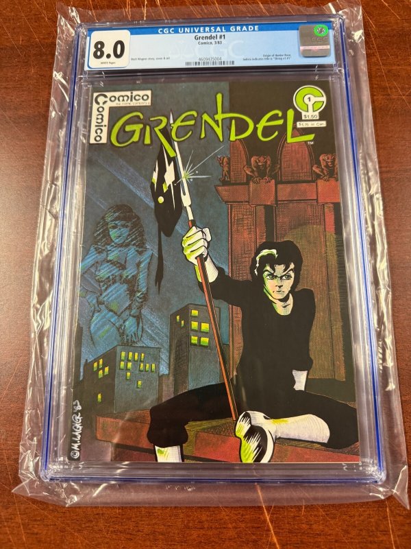 Grendel #1 (1983), CGC 8.0 graded comic book, Universal Blue label — front cover in its holder