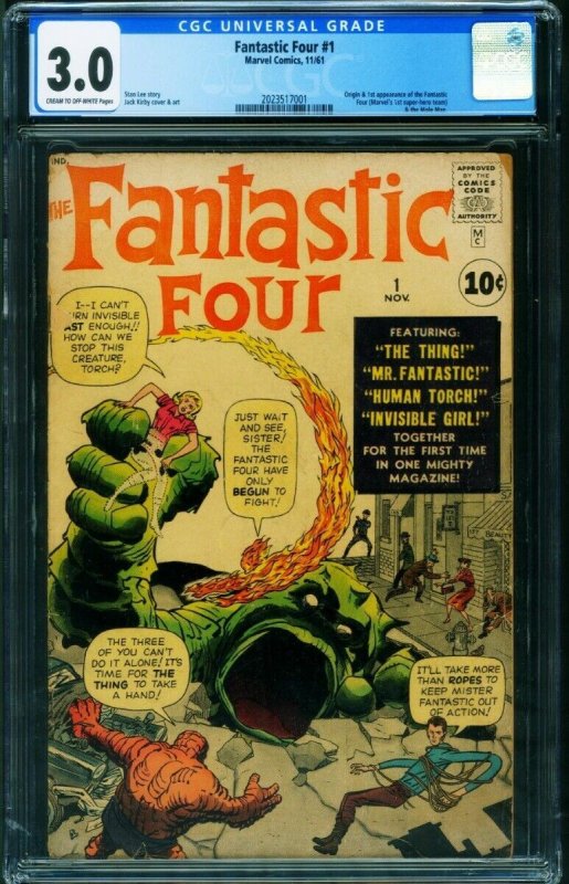 Fantastic Four #1 (Marvel Comics, 1961), CGC 3.0 graded comic book, Universal Blue label — front cover in its holder