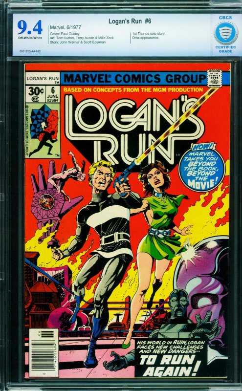 Logan's Run #6 (Marvel Comics, 1977), CBCS 9.4 graded comic book, Universal Blue label — front cover in its holder