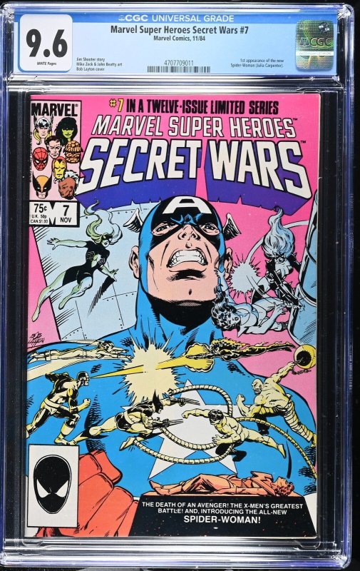 Marvel Super Heroes Secret Wars #7 (Marvel Comics, 1984), CGC 9.6 graded comic book, Universal Blue label — front cover in its holder