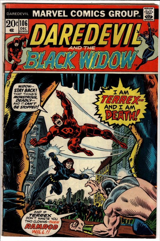 Daredevil #106 (Marvel Comics, 1973), raw, ungraded comic book — front cover