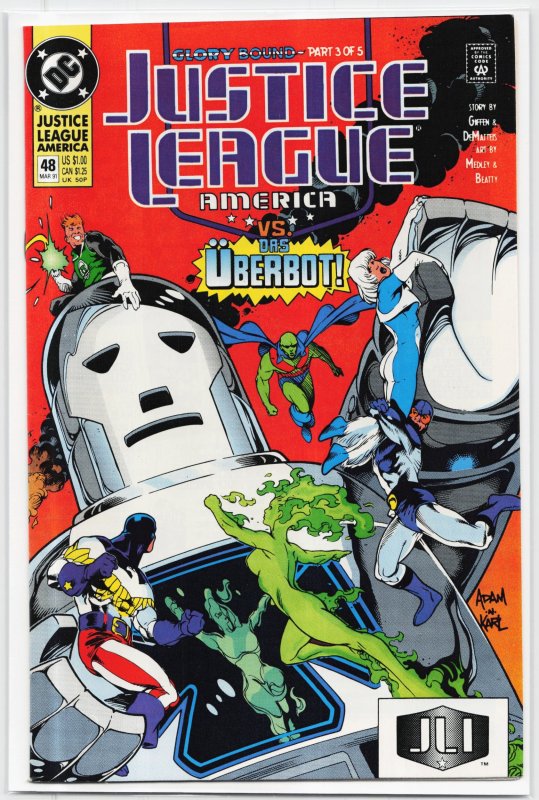 Justice League America #48 (DC Comics, 1991), raw, ungraded comic book — front cover
