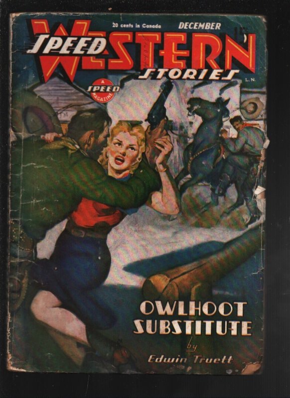 Speed Western Pulp December 1945-Spicy Cowgirl Wrestles Gunman Cover-Lawrence Do (1945), raw, ungraded comic book — front cover