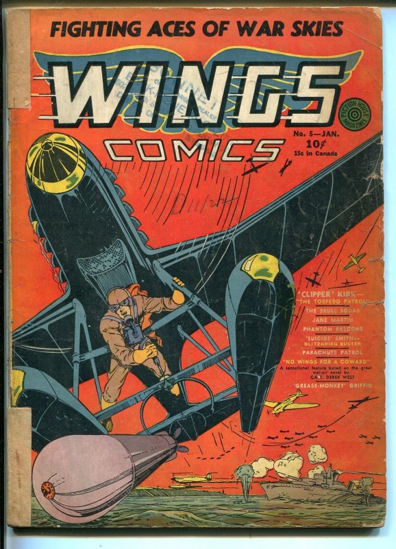 Wings #5 (Fiction House, 1941), raw comic book in VG condition — front cover
