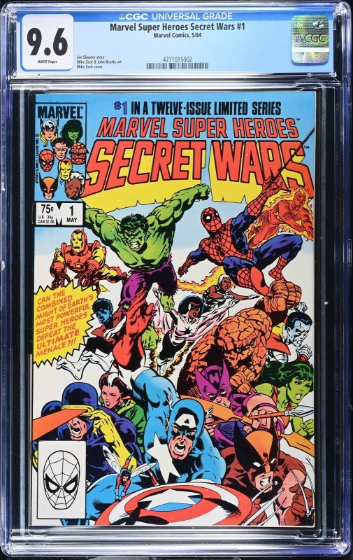 Marvel Super Heroes Secret Wars #1 (Marvel Comics, 1984), CGC 9.6 graded comic book, Universal Blue label — front cover in its holder
