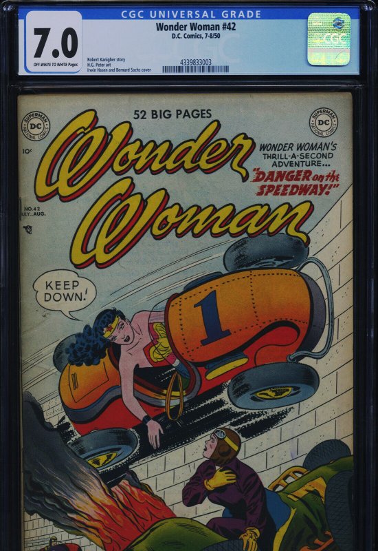 Wonder Woman #42 (DC Comics), CGC 7.0 graded comic book, Universal Blue label — front cover in its holder