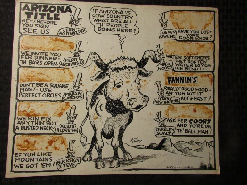 1962 Dick Calkins Sunday? Original Strip Art 12.5x11" Arizona Title Gag (1962), raw, ungraded comic book — front cover