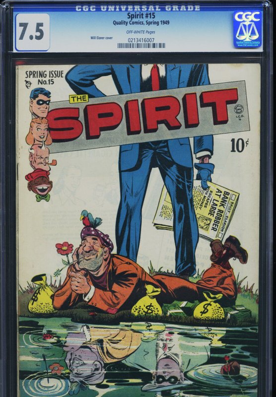 Spirit #15 (Quality Comics), CGC 7.5 graded comic book, Universal Blue label — front cover in its holder