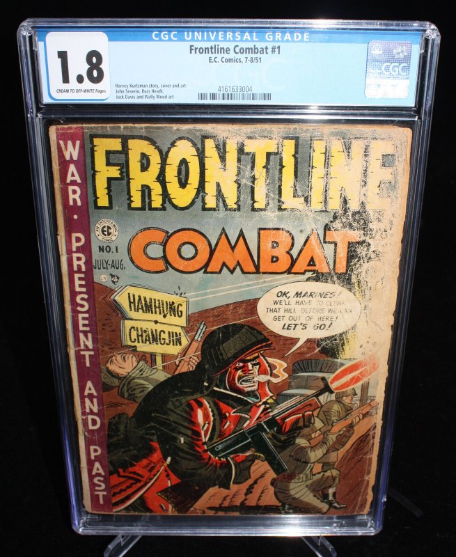 Frontline Combat #1 (1951), CGC 1.8 graded comic book, Universal Blue label — front cover in its holder