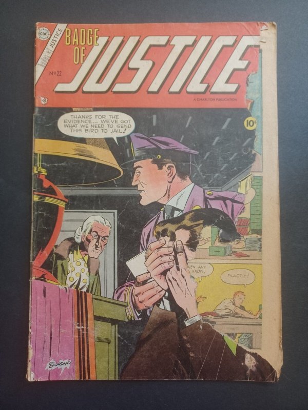 Badge of Justice #22 (Charlton Comics, 1955), raw comic book in FR condition — front cover