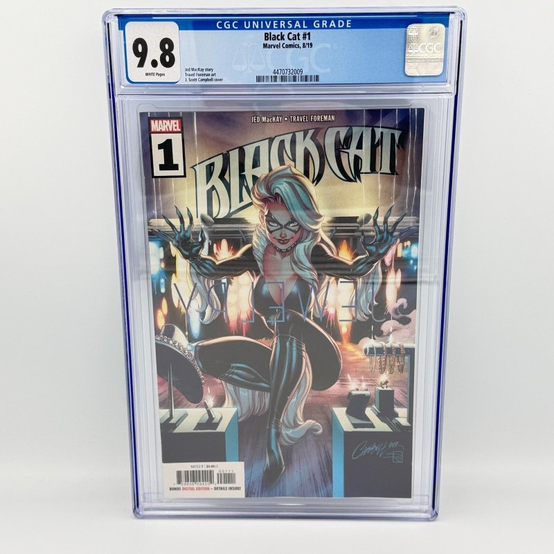 Black Cat #1 (Marvel Comics, 2019), CGC 9.8 graded comic book, Universal Blue label — front cover in its holder