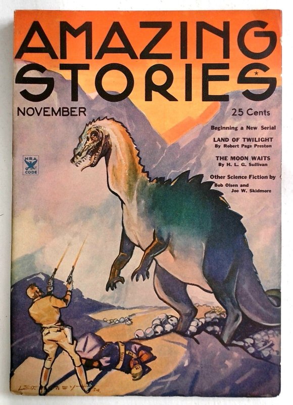 Amazing Stories Nov 1934- Dinosaur Attack Cover by Leo Morey - "Land of Twilig (1934), raw, ungraded comic book — front cover