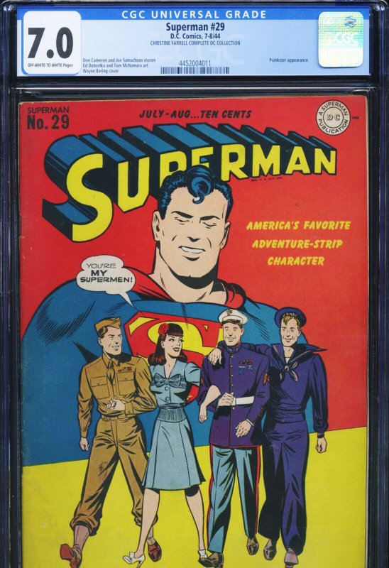 Superman #29 (DC Comics), CGC 7.0 graded comic book, Universal Blue label — front cover in its holder