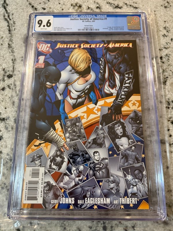 Justice Society of America #1 (DC Comics), CGC 9.6 graded comic book, Universal Blue label — front cover in its holder