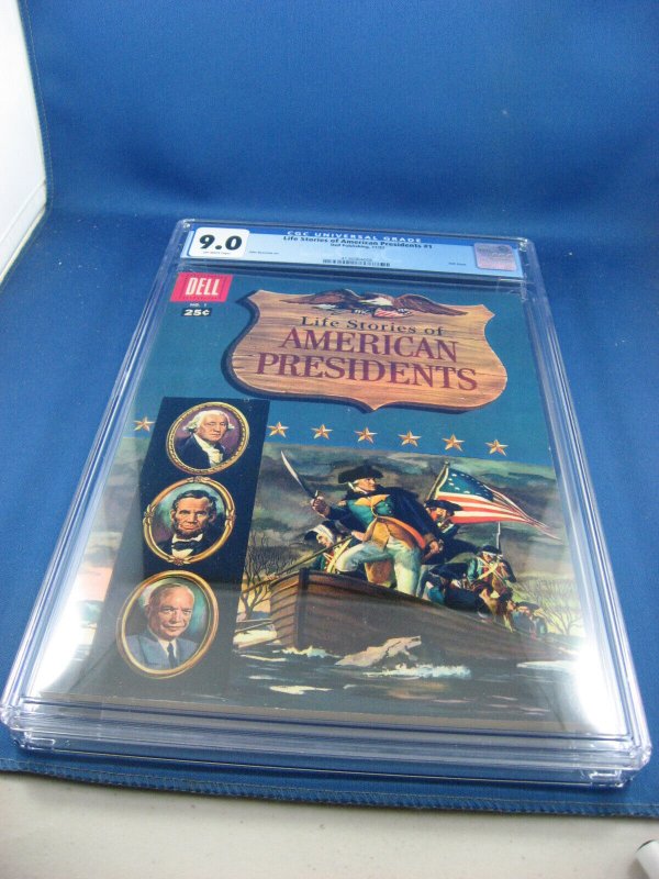 Dell Giant CGC 9.0 Lifestories of American Presidents 1957 (Dell, 1957), CGC 9.0 graded comic book, Universal Blue label — front cover in its holder