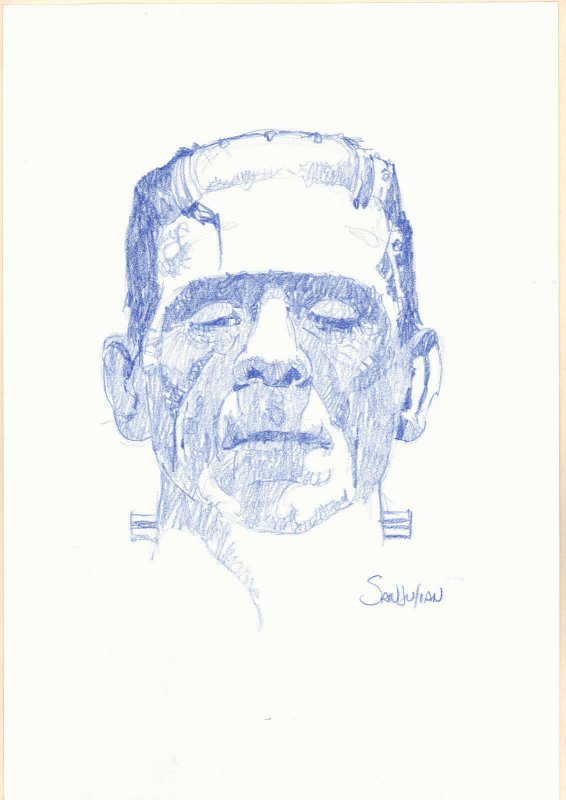 Frankenstein Blue Pencil Portrait Sketch - Signed art by Sanjulian, raw, ungraded comic book — front cover