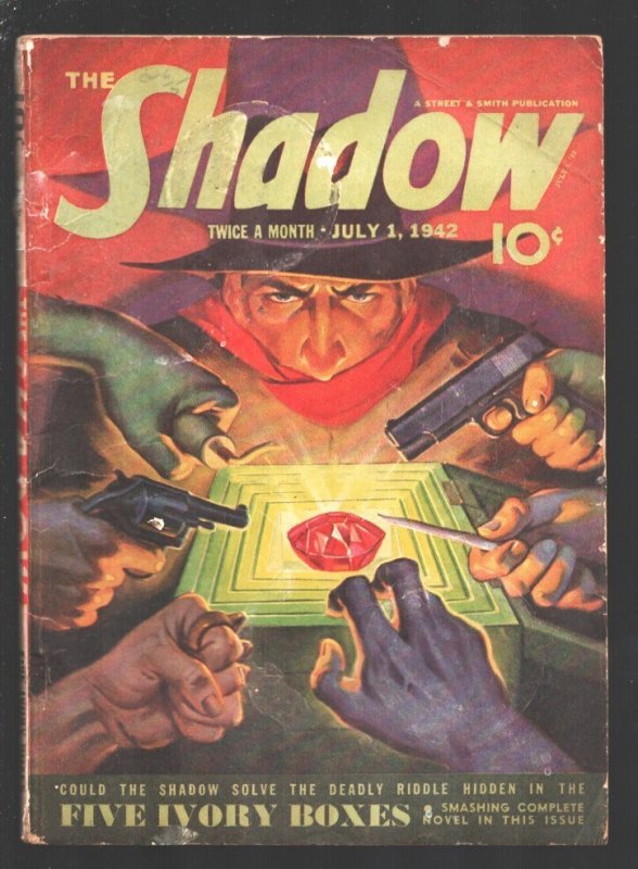 Shadow 7/1/194-'Five Ivory Boxes" by Maxwell Grant-Pulp Cover art by George Roze, raw, ungraded comic book — front cover