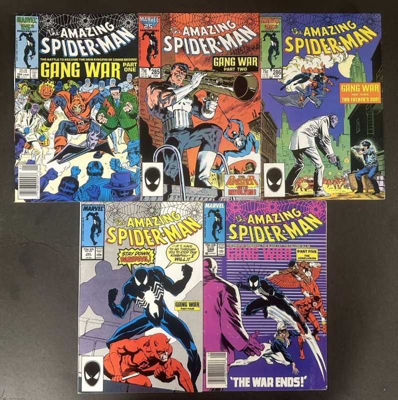 Amazing Spider-Man (1963) #284-288 VF- Complete "Gang War" Story Arc of 5 (Marvel Comics, 1963), raw comic book in VF- condition — front cover
