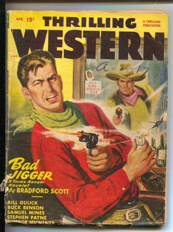 Pulp: Thrilling Western Pulp 4/1948-Gunfight Cover-Walt Slade-Pulp Stories-B..., raw, ungraded comic book — front cover