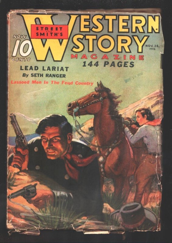 Western Story 11/28/1936-Gunfight Cover-"Lead Lariat" by Seth Ranger-Nick Eggenh, raw, ungraded comic book — front cover