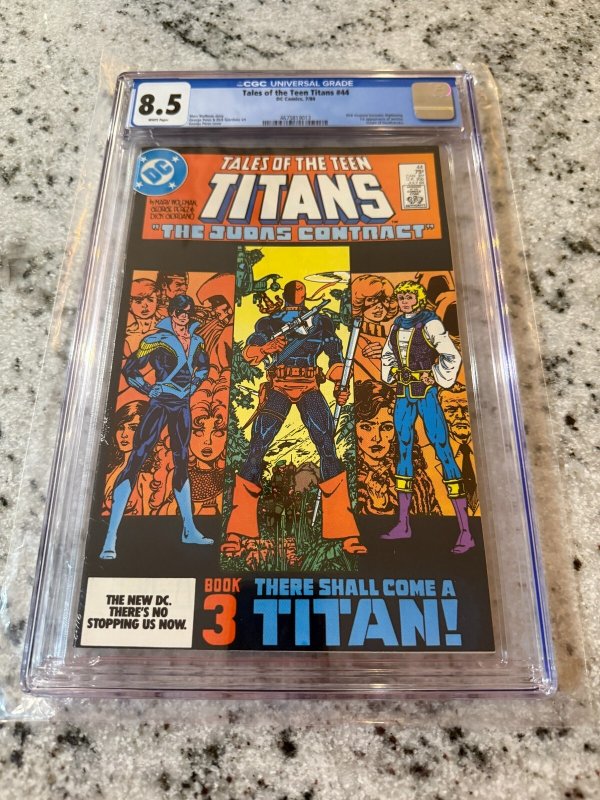 New Teen Titans #44 (DC Comics), CGC 8.5 graded comic book, Universal Blue label — front cover in its holder