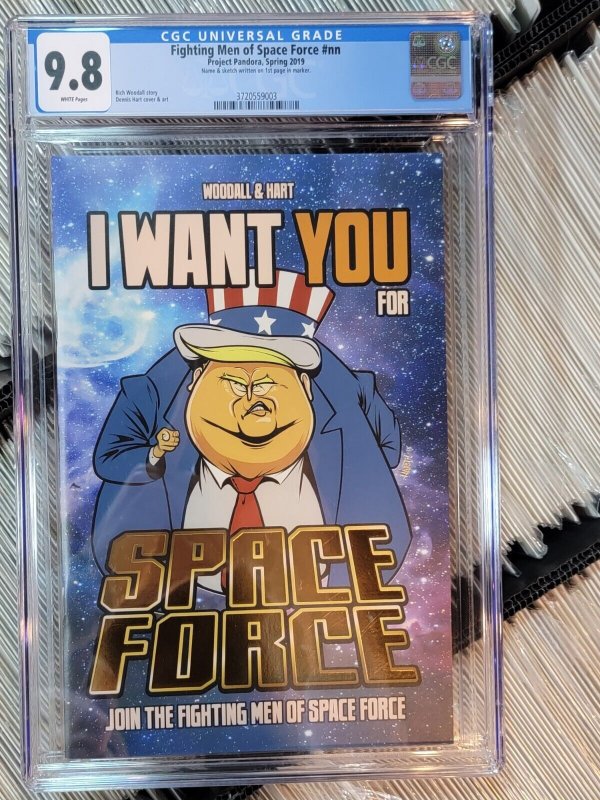 CGC 9.8 Fighting Men of Space Force Comic Book 2019 Rich Woodall Trump (2019), CGC 9.8 graded comic book, Universal Blue label — front cover in its holder